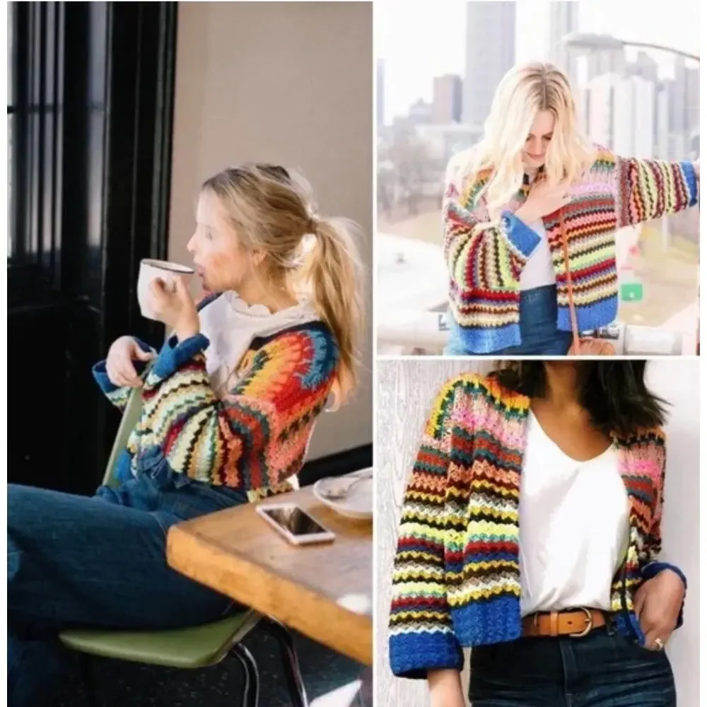 Moth Sweater Small Betty Knit Cardigan Multicolor Crochet Open Knit Boho Artsy - Picture 3 of 15